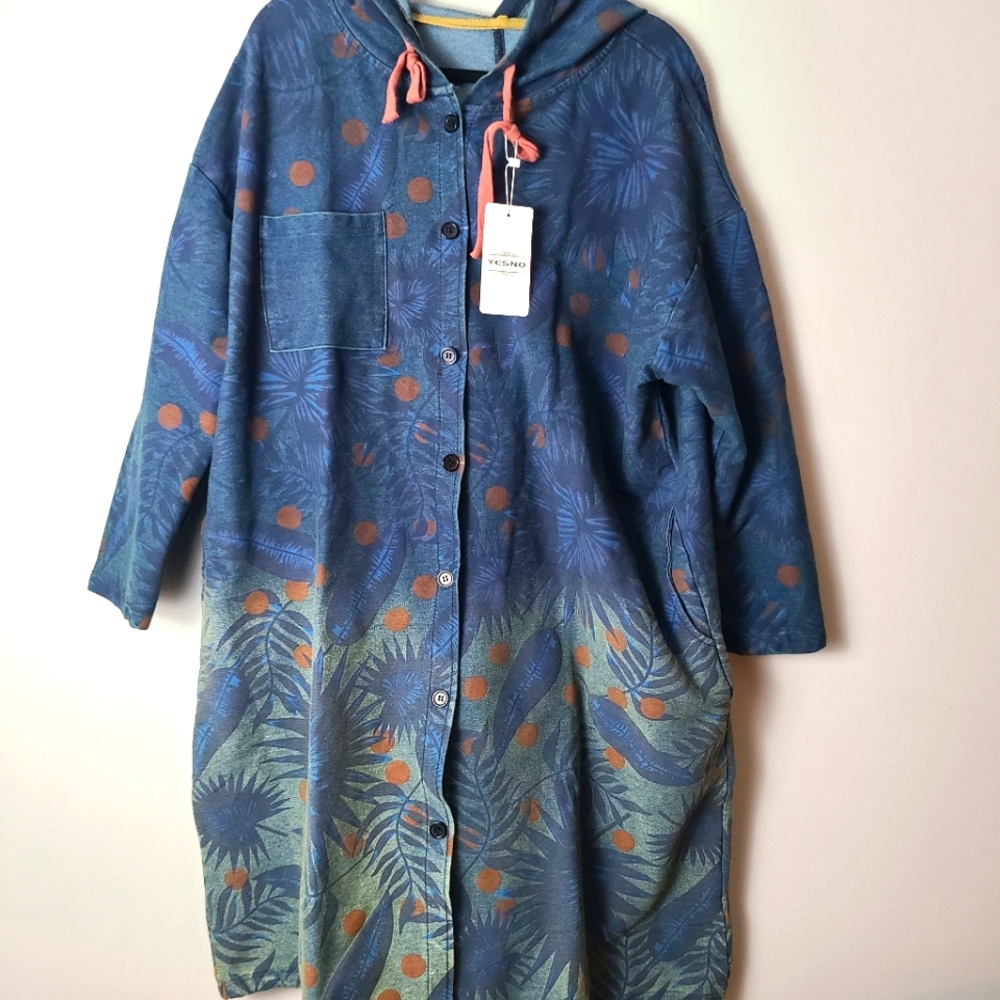 Vintage Monthorigin Blue Ombre Stretch Denim Hooded Button Front Trench Coat